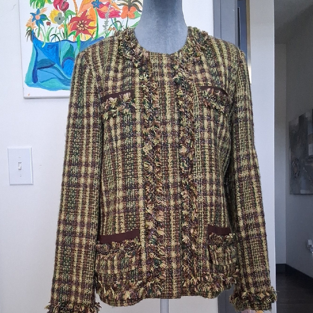 Chico's Multicolor Tweed Blazer with Fringe